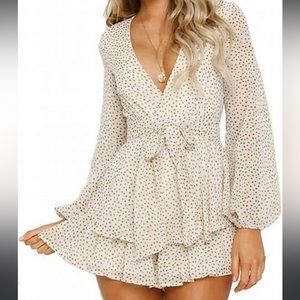 Romper Size Small V-neck Long Bubble Sleeves Polka Dot with Ruffle Hem